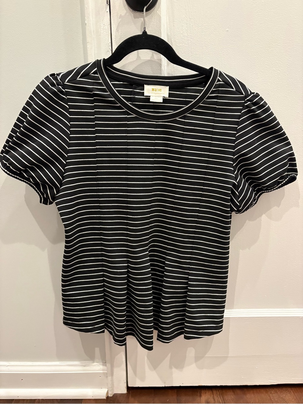 Maeve Anthropologie Black White Peplum Structured Top Small Puff Sleeves Striped